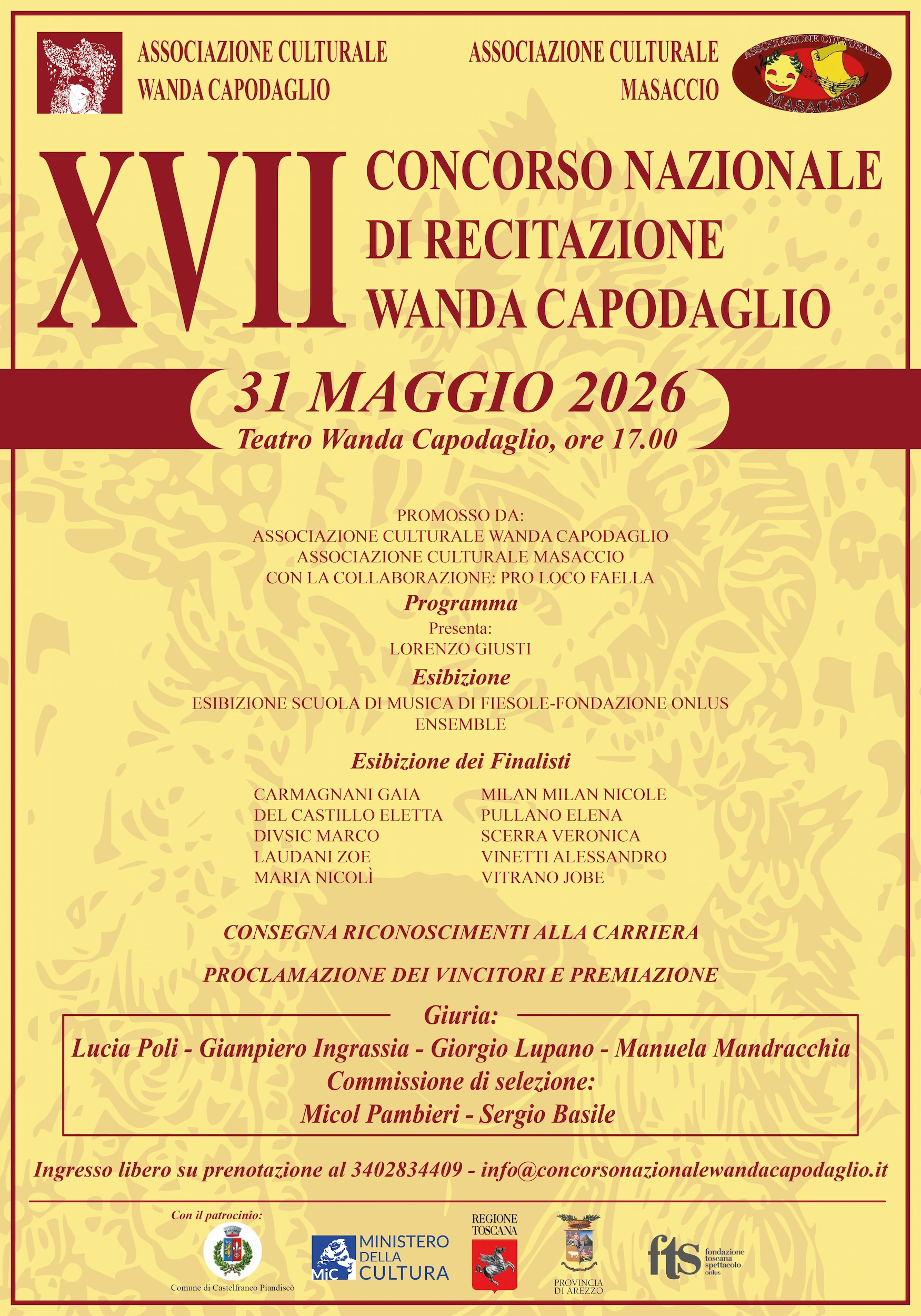 Locandina ufficiale del XVII Concorso Nazionale Wanda Capodaglio. In alto i nomi delle associazioni culturali Wanda Capodaglio e Masaccio con i rispettivi loghi. Evento al Teatro Comunale Wanda Capodaglio di Castelfranco di Sopra il 31 maggio 2026 alle ore 17:00. Sono elencati i membri della giuria. In basso loghi di enti patrocinanti.